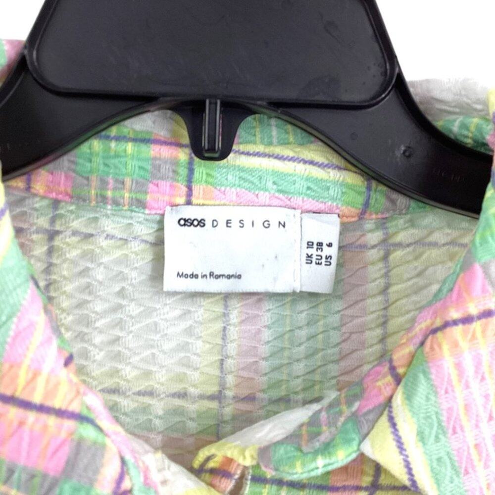 ASOS Mini Shirt Dress Puff Sleeves Pastel Plaid Size 6 NWOT $50 MSRP - Picture 4 of 8
